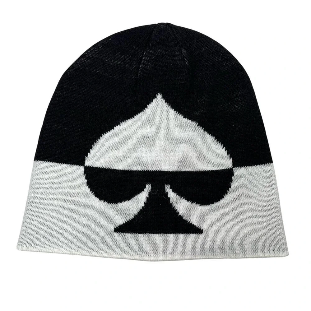 Kate Spade New York Beanie Hat +‎ Gloves Black White Oversized Spade Wool Blend